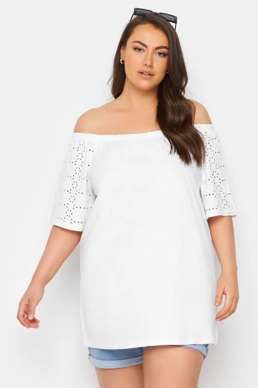 Yours YOURS Curve White Broderie Anglaise Sleeve Bardot Top