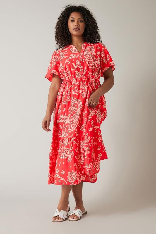 Evans EVANS Curve Red & White Paisley Print Midi Shirt Dress