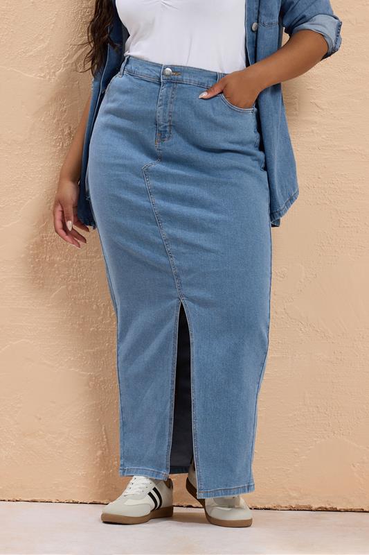 Yours YOURS Curve Blue Denim Stretch Maxi Skirt