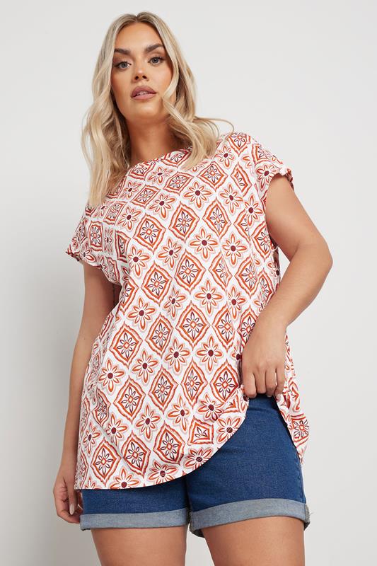 Yours YOURS Curve Orange & White Floral Tile Print T-Shirt