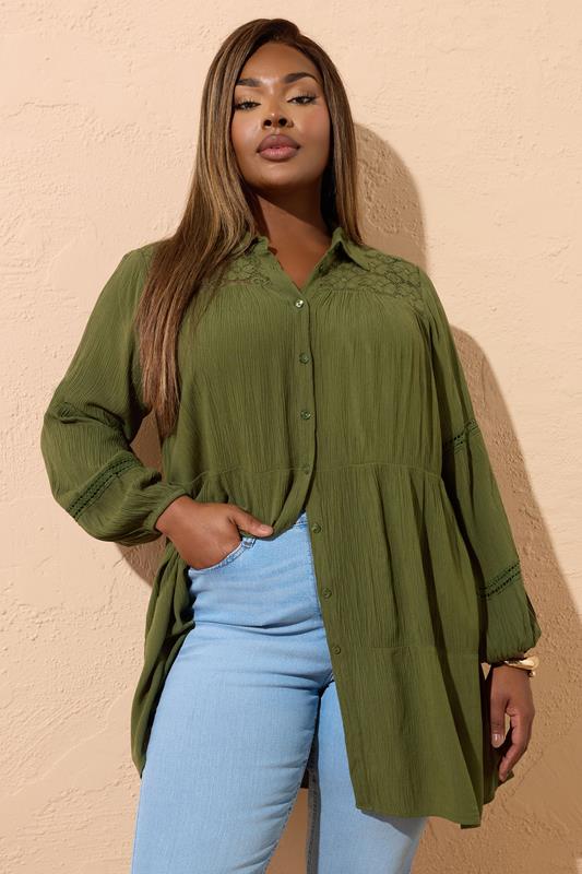Yours YOURS Curve Khaki Green Tiered Crochet Detail Shirt