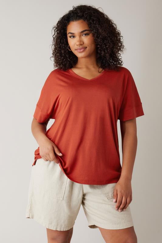 Evans EVANS Curve Rust Orange Leaf Print Linen Midi Skirt