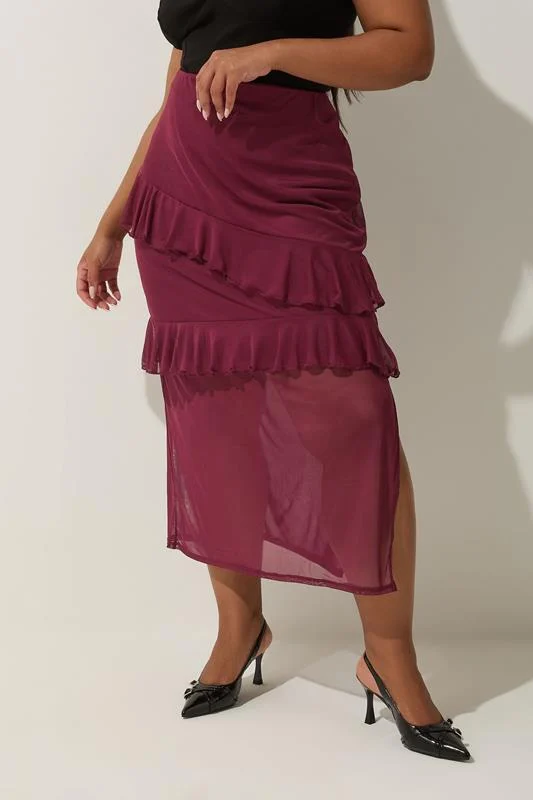 Limited Collection LIMITED COLLECTION Curve Burgundy Red Frill Mesh Skirt