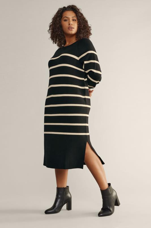 Evans EVANS Curve Black & Ivory White Striped Knitted Jumper Dress