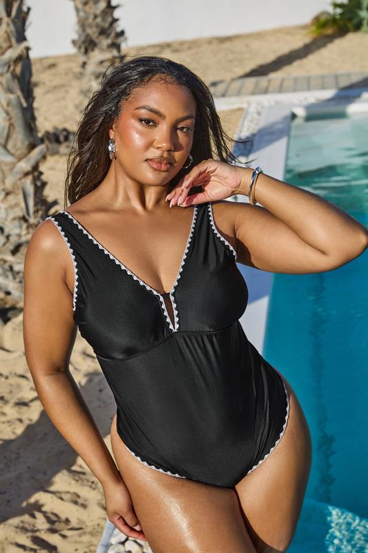 Yours YOURS Curve Black Contrast Blanket Stitch Plunge Swimsuit