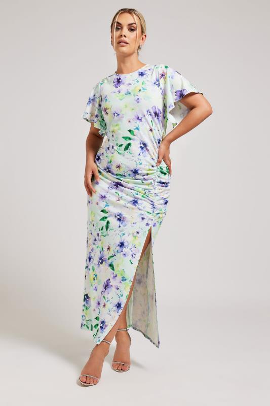Yours London YOURS LONDON Curve Green Floral Print Gathered Dress