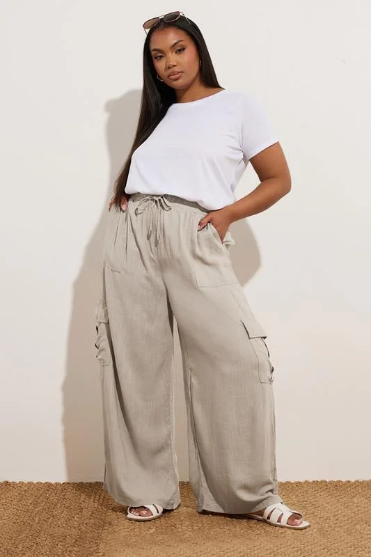 Yours YOURS Curve Stone Brown Linen Wide Leg Cargo Trousers