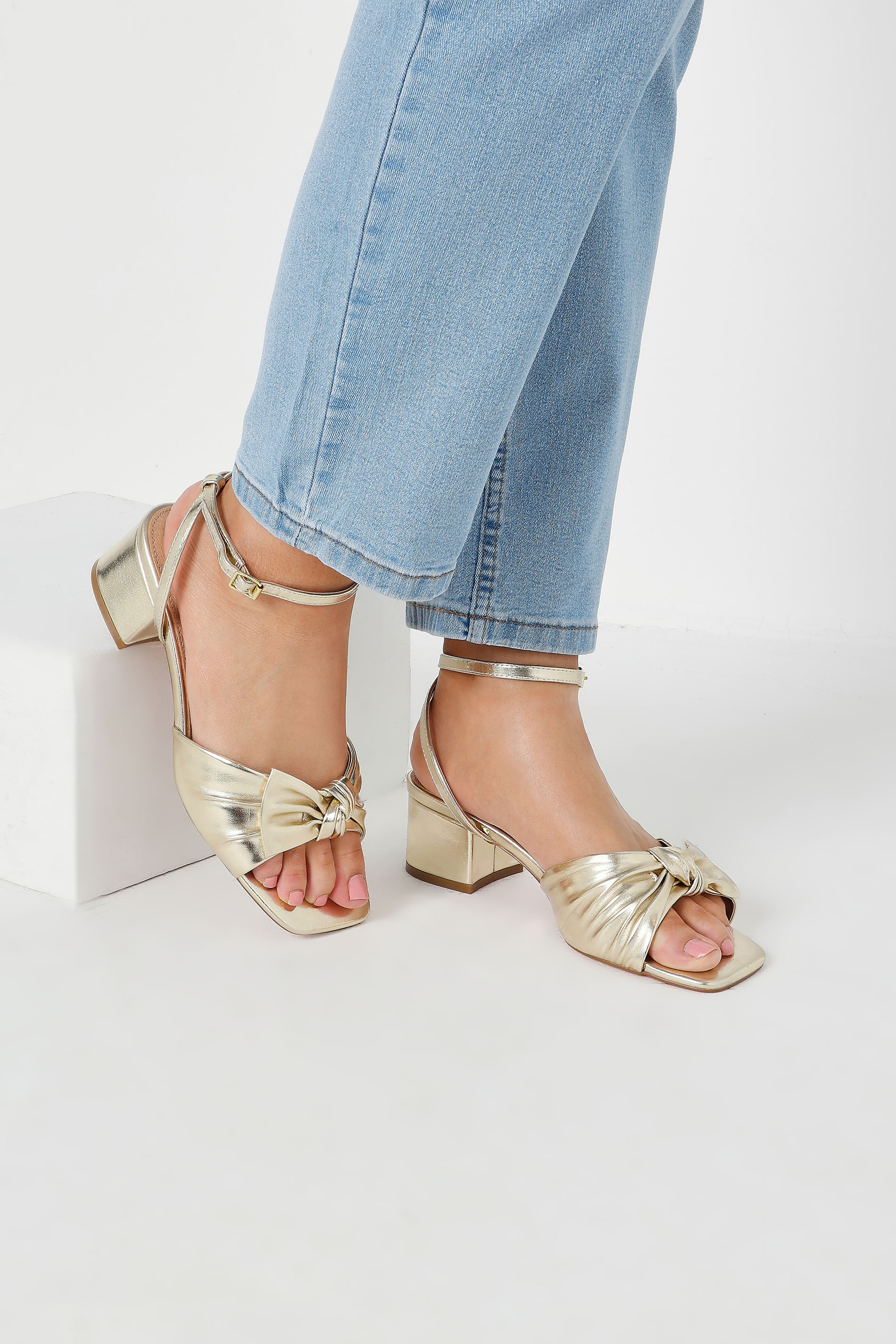 Yours Gold Bow Strap Block Heels In Wide E Fit & Extra Wide EEE Fit