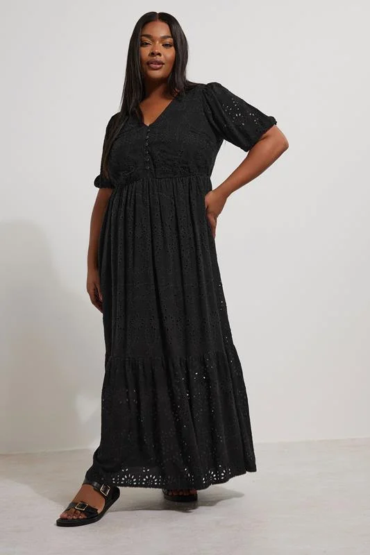 Yours YOURS Curve Black Broderie Anglaise Tiered Maxi Dress