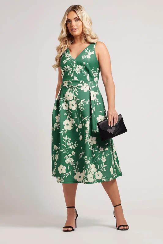 Yours London YOURS LONDON Curve Green Floral Print Pleated Midi Dress