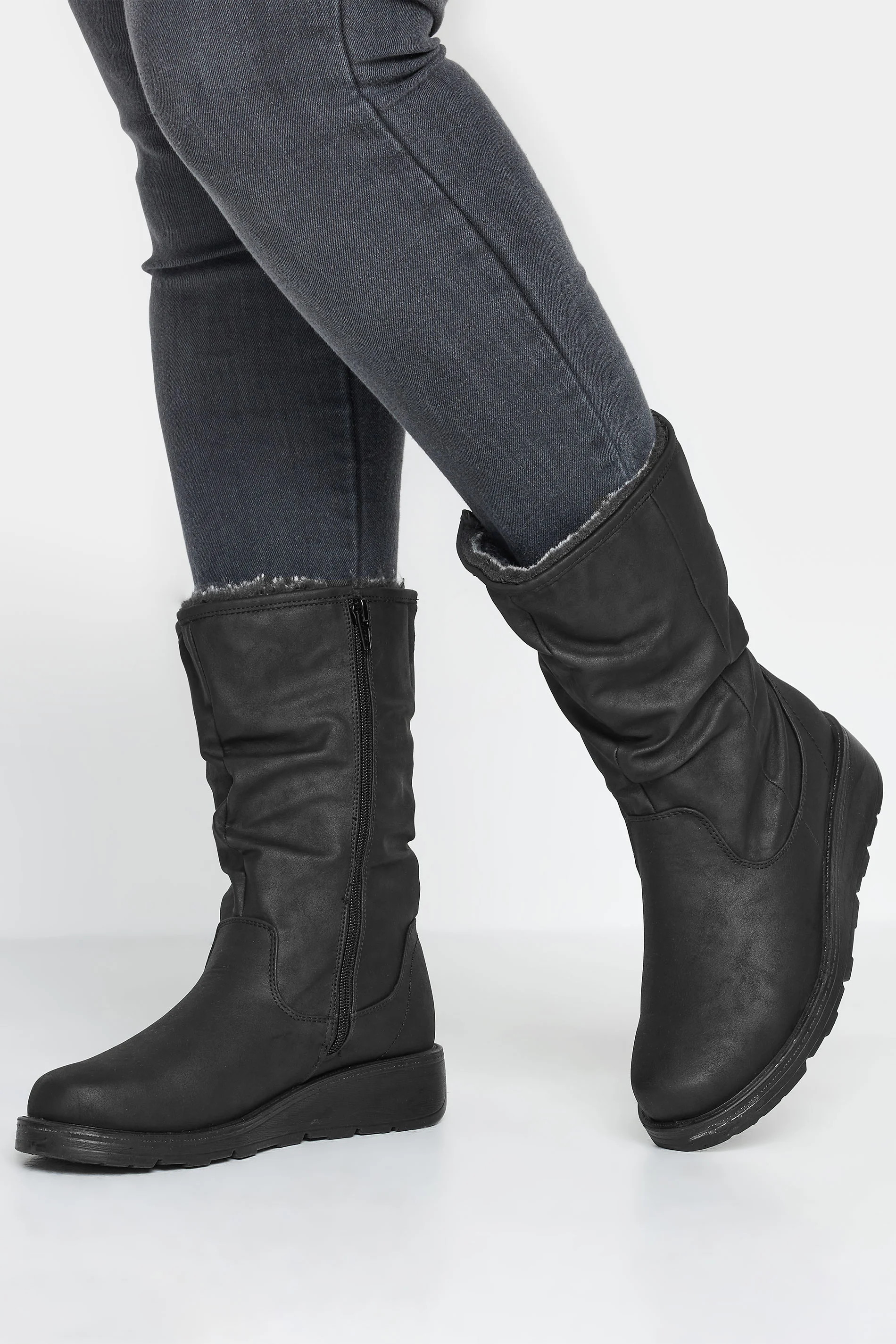 Yours Black Fur Lined Calf Boots In Wide E Fit & Wide EEE Fit
