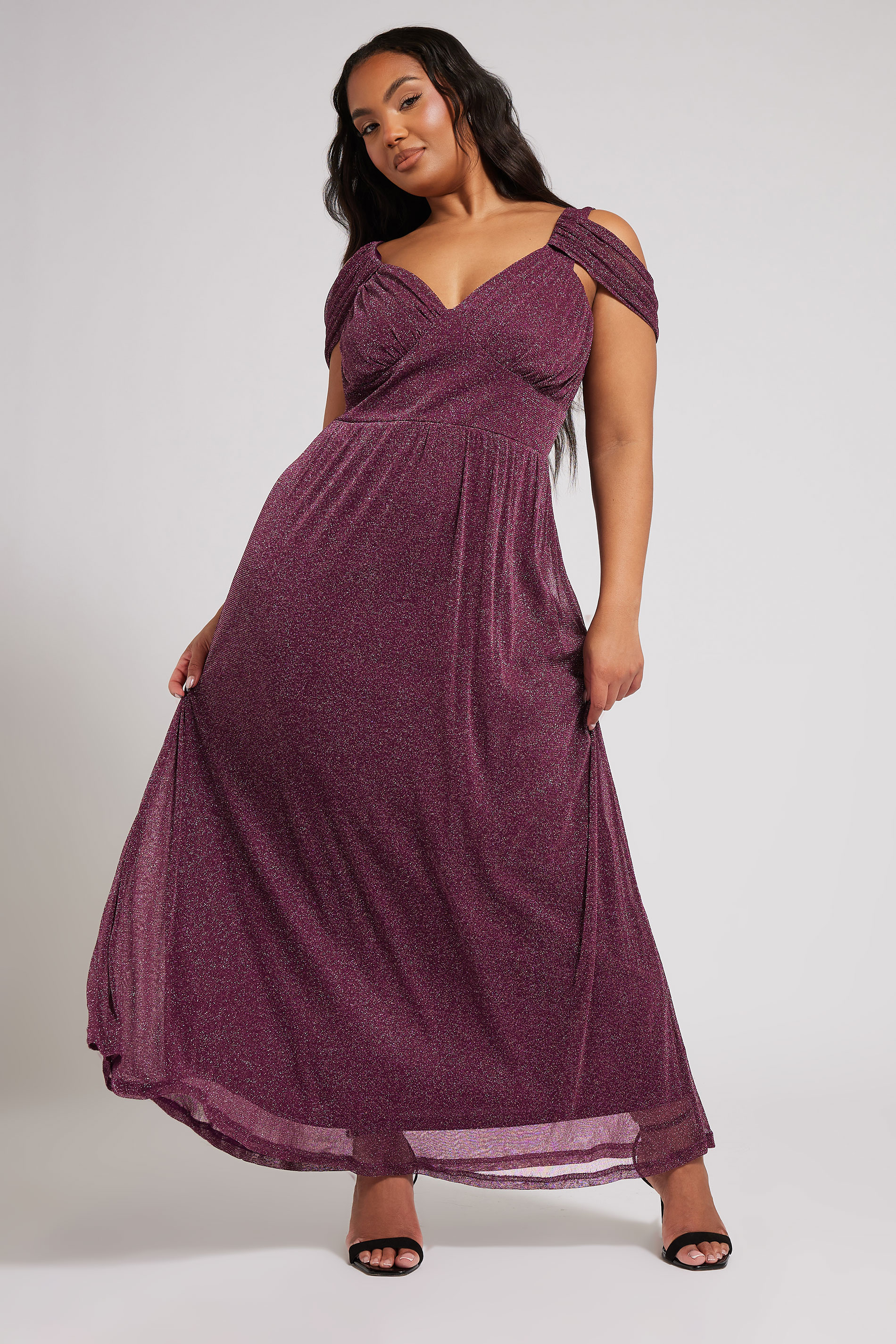 Yours London YOURS LONDON Curve Purple Metallic Cold Shoulder Maxi Mesh Dress