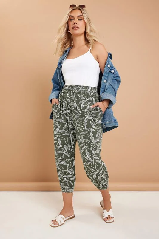 Yours YOURS Curve Khaki Green Leaf Print Cropped Harem Trousers