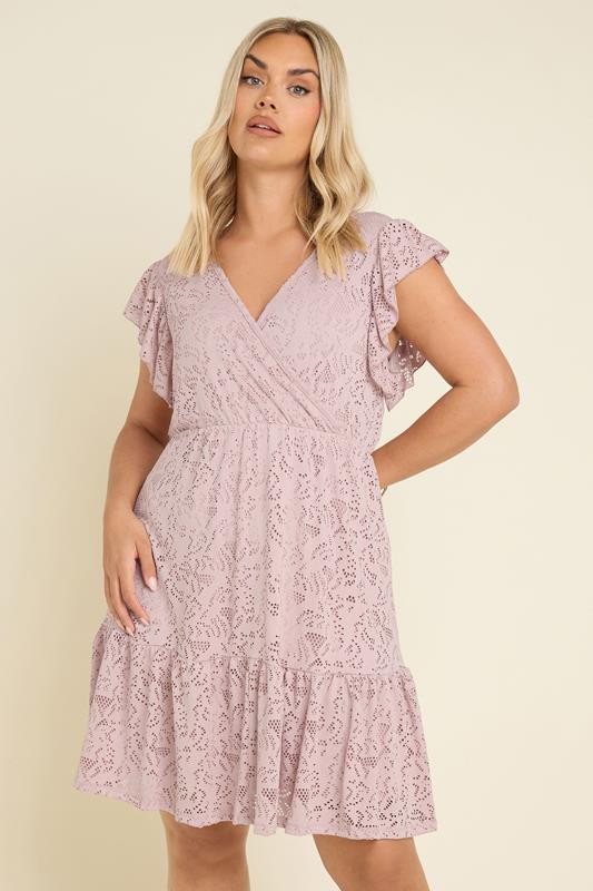 Yours YOURS Curve Light Pink Broderie Anglaise Wrap Mini Dress