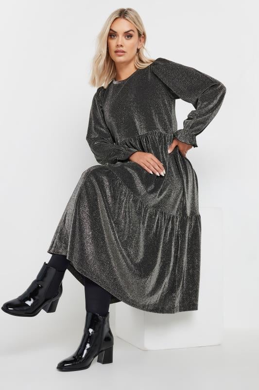 Yours YOURS Curve Silver Metallic Tiered Midi Dress