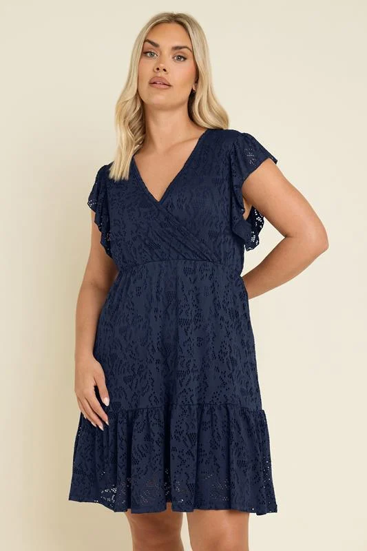 Yours YOURS Curve Navy Blue Broderie Anglaise Wrap Mini Dress