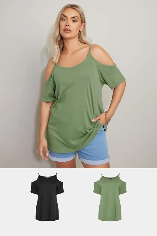 Yours YOURS Curve 2 PACK Black & Khaki Green Cold Shoulder T-Shirts