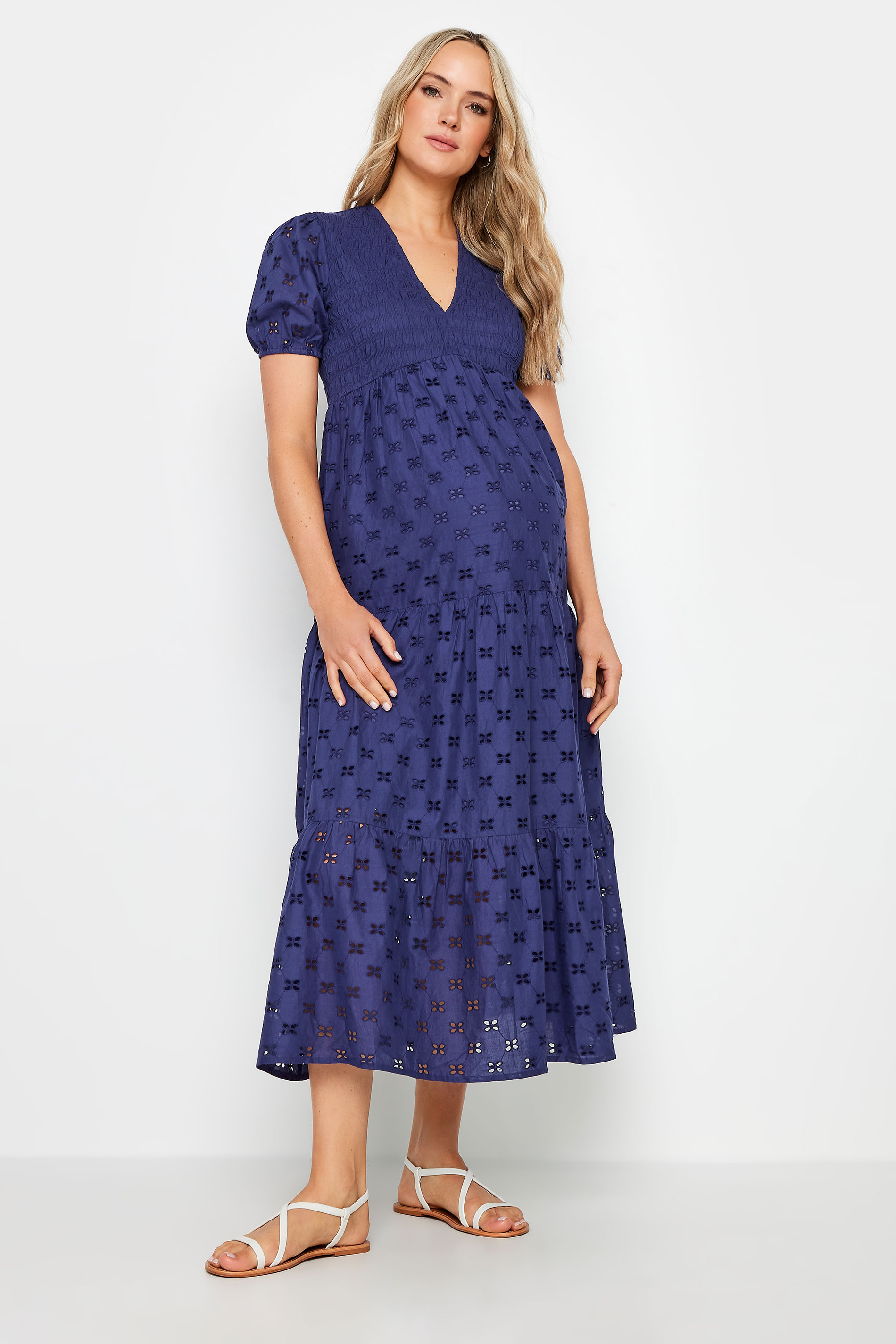 LTS LTS Tall Maternity Navy Blue Broderie Anglaise Tiered Midaxi Dress