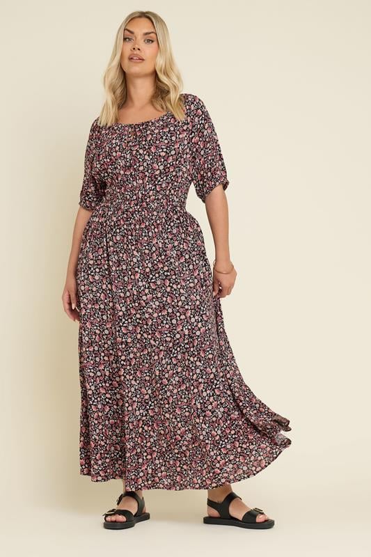 Yours YOURS Curve Black Ditsy Floral Print Tie Neck Midaxi Dress
