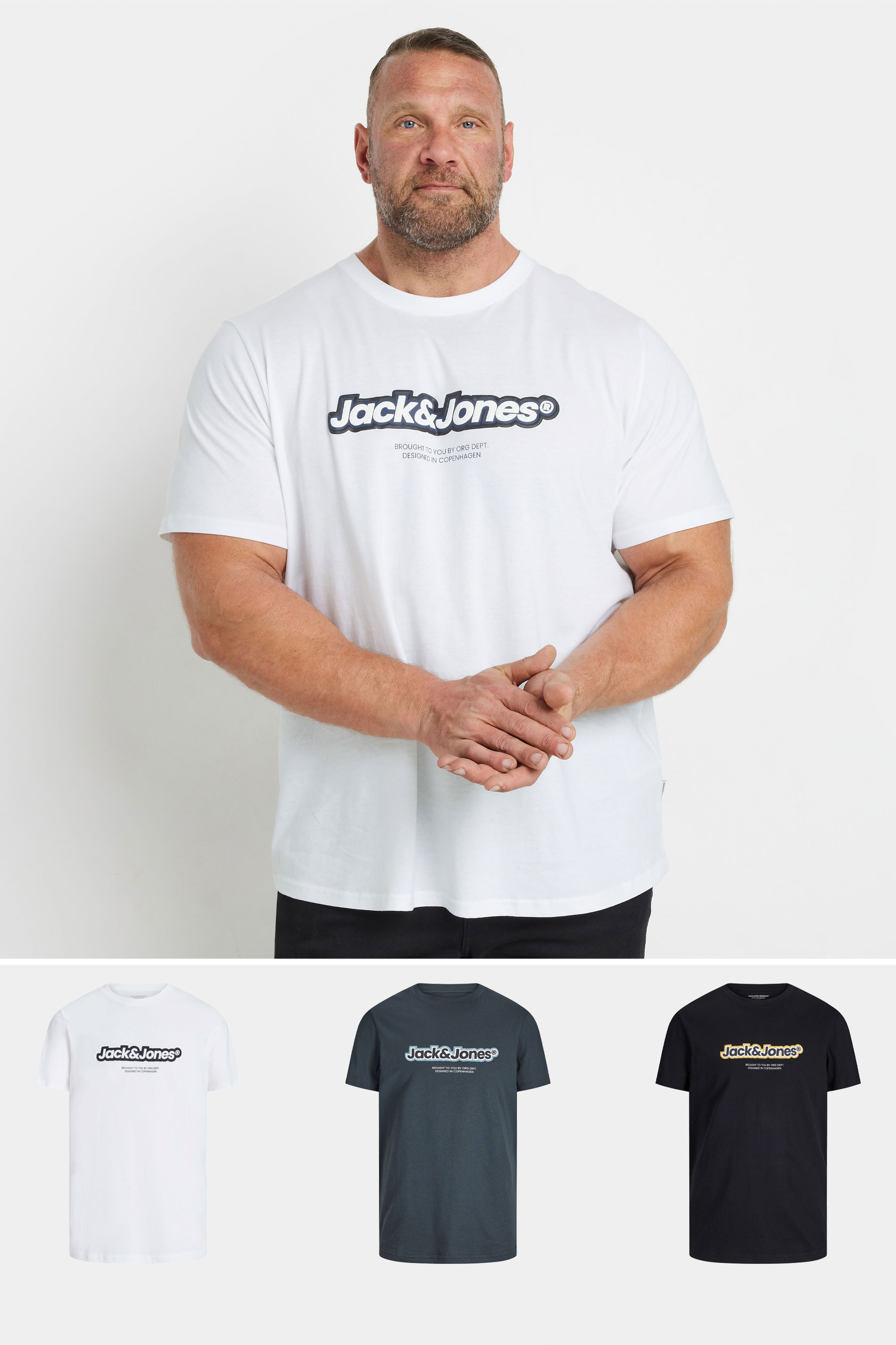Jack & Jones JACK & JONES Big & Tall 3 PACK White & Navy Blue Logo T-Shirts