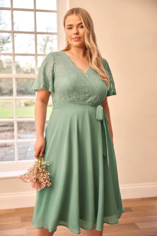 Yours London YOURS LONDON Curve Sage Green Lace Wrap Midi Dress