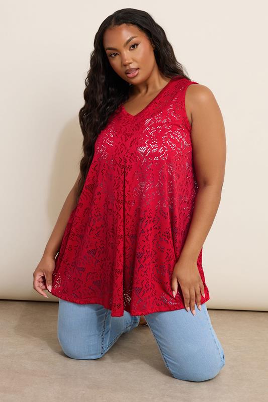 Yours YOURS Curve Red Broderie Anglaise Pleat Front Vest Top