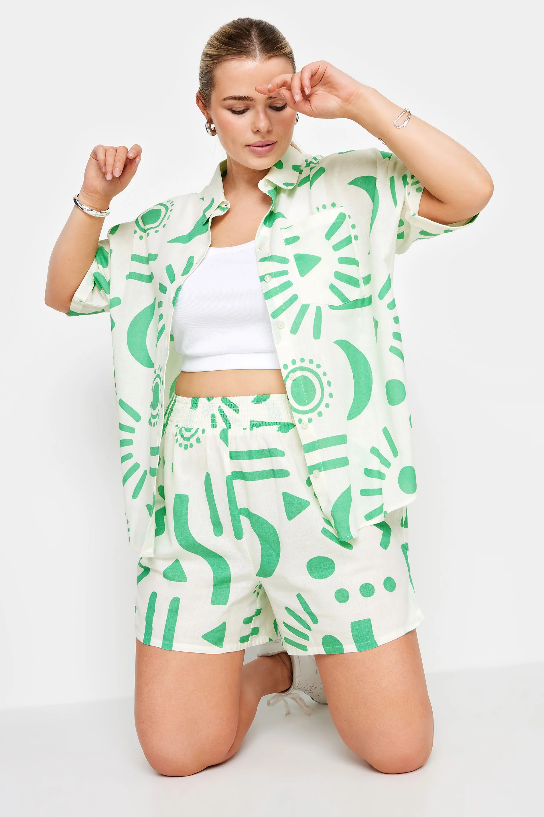 Yours YOURS Curve White Abstract Print Linen Shorts