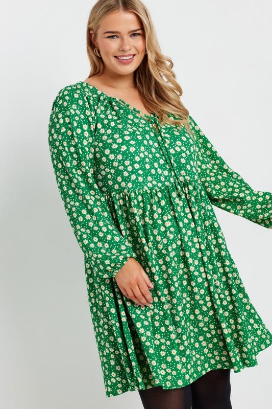 Yours YOURS Curve Green Daisy Print Textured Midi Dress
