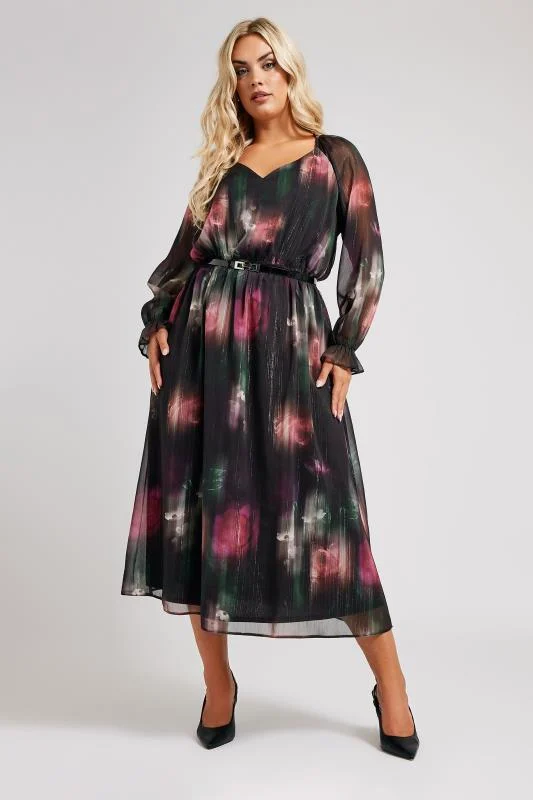 Yours London YOURS LONDON Curve Black Floral Print Metallic Midaxi Dress With Belt