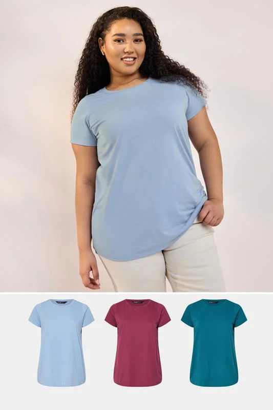 Yours YOURS Curve 3 PACK Wine Red & Blue Core T-Shirts