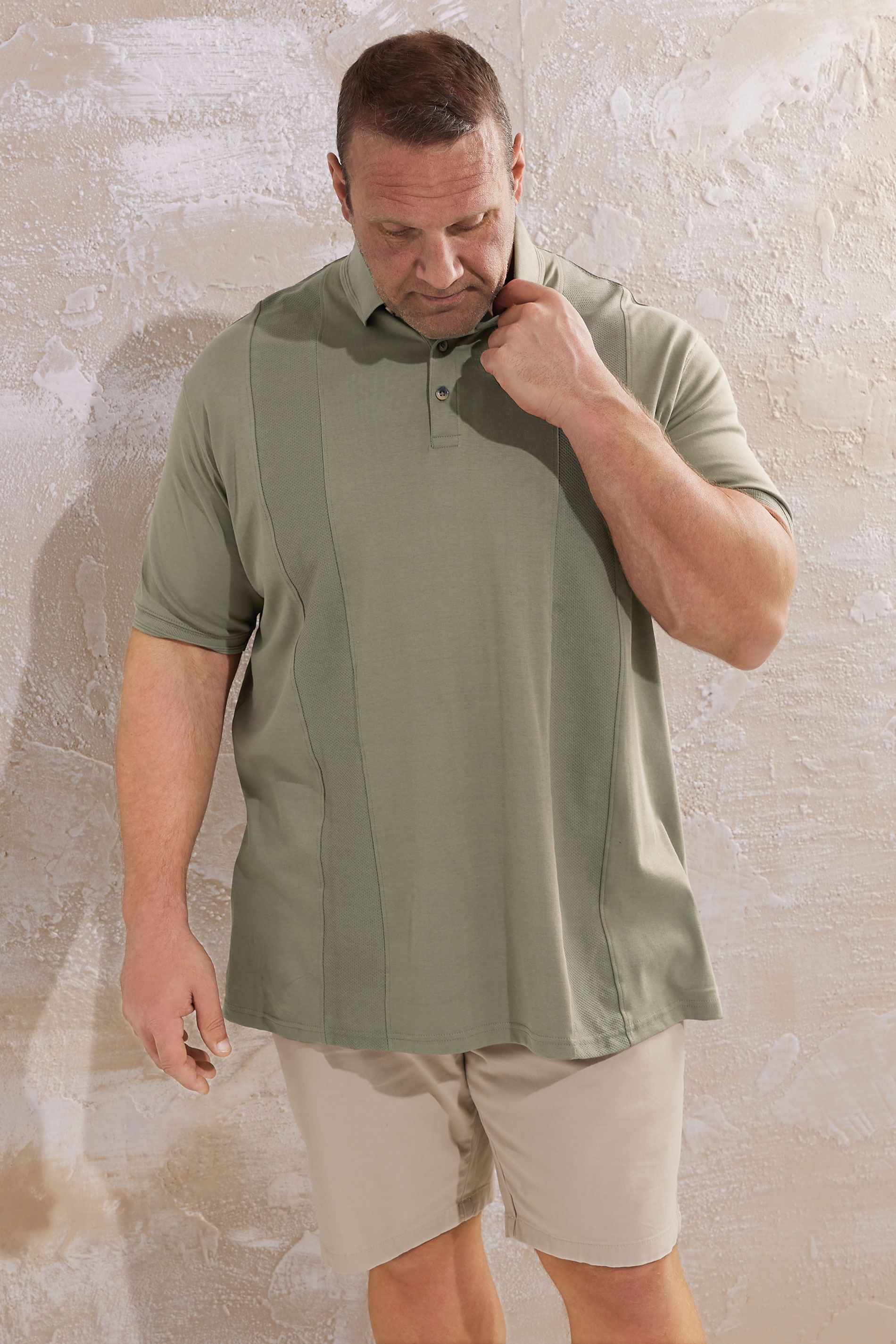 D555 D555 Big & Tall Khaki Green Jacquard Knitted Panel Polo Shirt