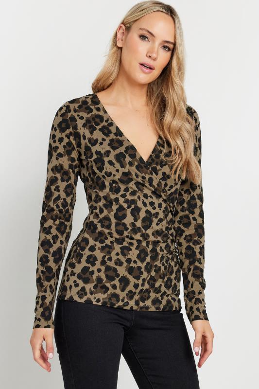 LTS LTS Tall Brown Leopard Print Long Sleeve Wrap Top