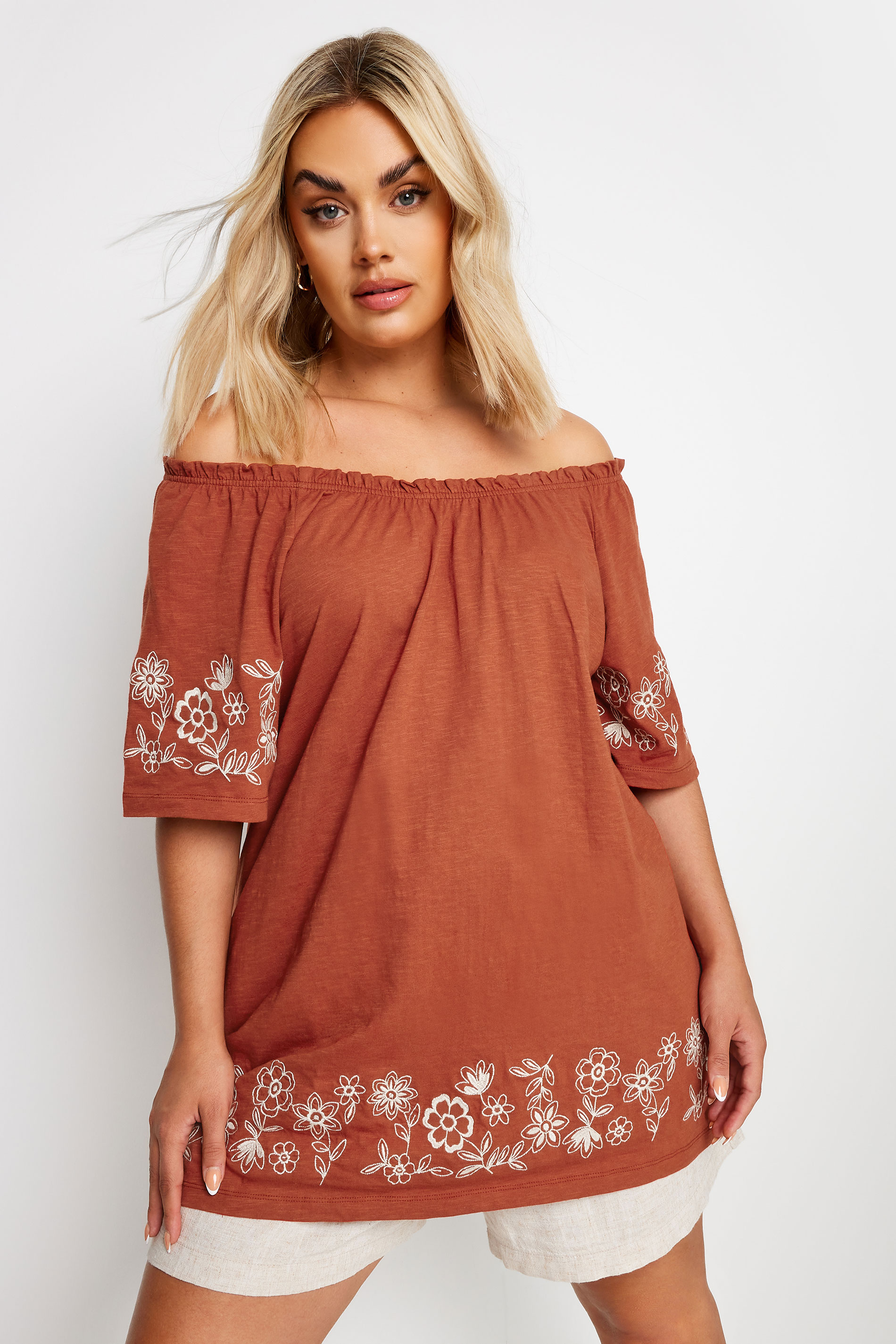 Yours YOURS Curve Orange Embroidered Detail Bardot Top
