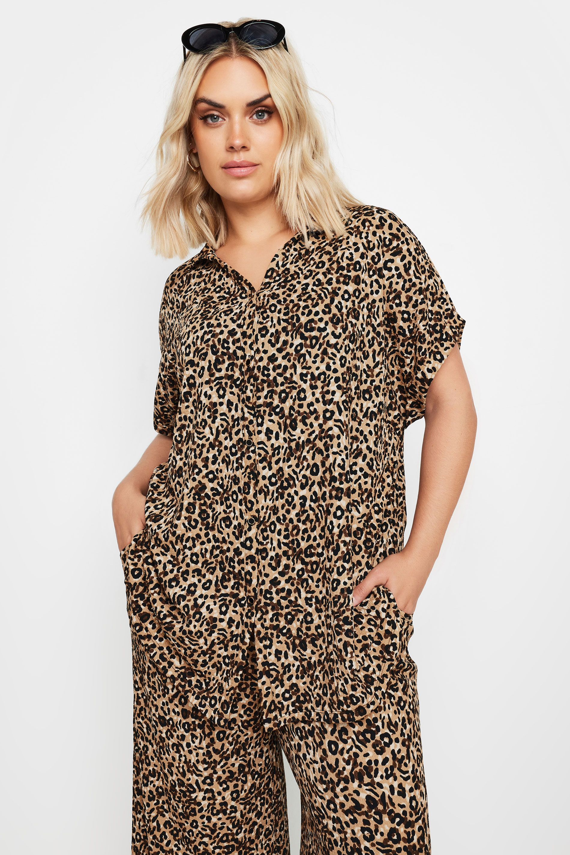 Yours YOURS Curve Brown Leopard Print Crinkle Short Sleeve Shirt