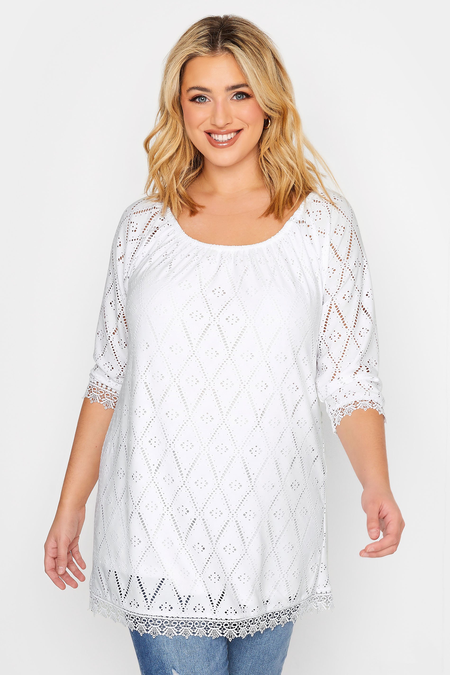 Yours YOURS Curve White Pointelle Lace Trim Top