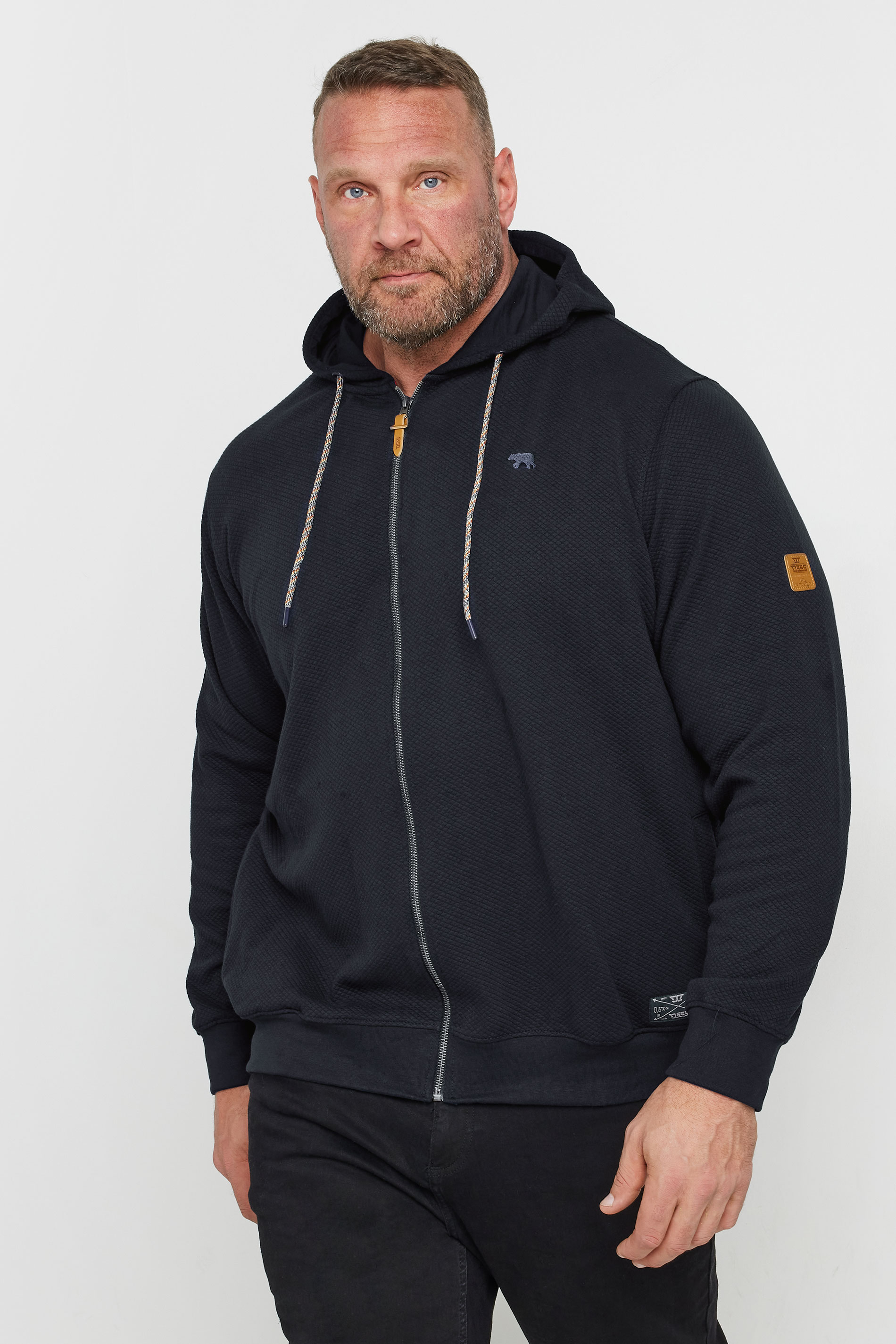 D555 D555 Big & Tall Navy Blue Zip Through Jacquard Hoodie