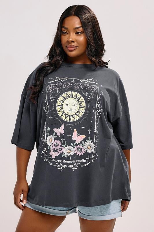 Yours YOURS Curve Charcoal Grey 'The Sun' Graphic Oversized T-Shirt