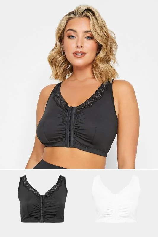 Yours YOURS 2 PACK Black & White Non Padded Front Fastening Lace Trim Bras