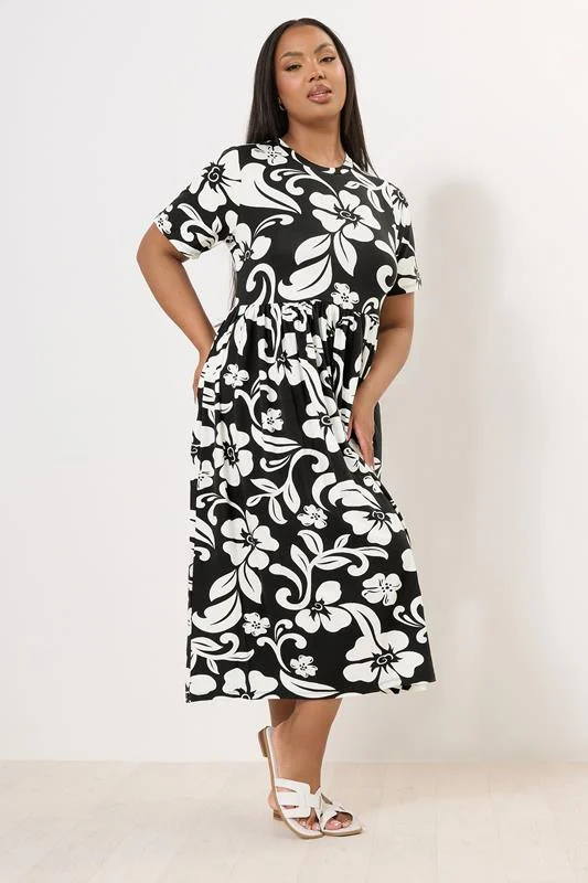 Yours YOURS Curve Black & White Abstract Floral Print Smock Dress