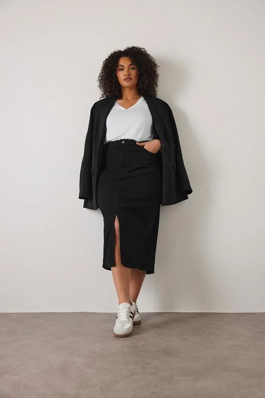 Evans EVANS Curve Black Split Hem Denim Midi Skirt