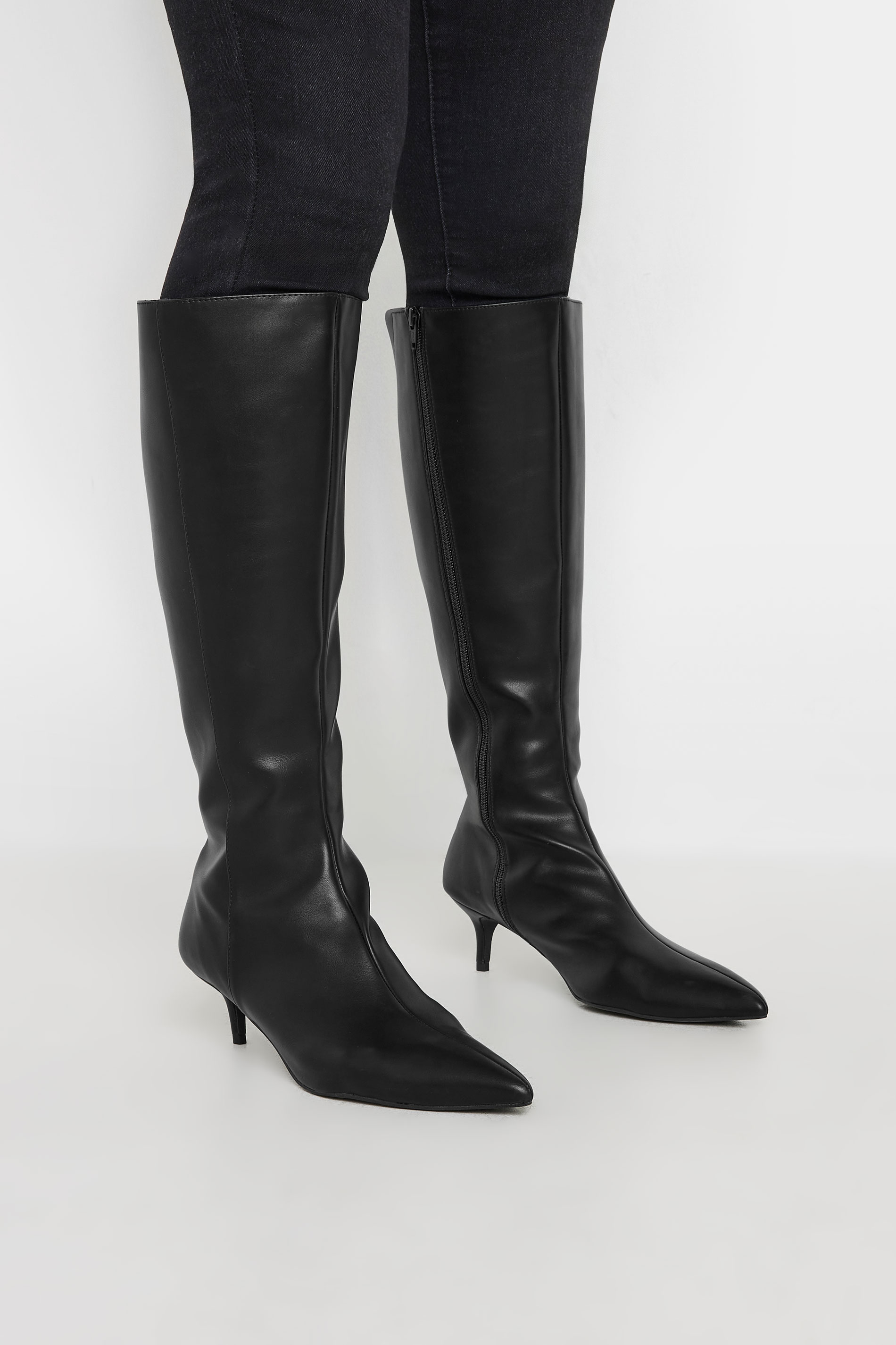 LTS LTS Black Faux Leather Knee High Heeled Boots In Standard Fit