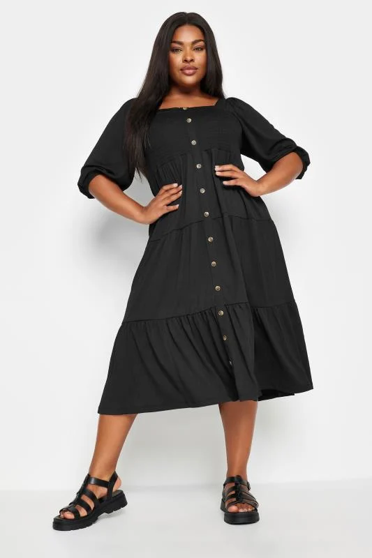 Yours YOURS Curve Black Button Front Tiered Midi Dress