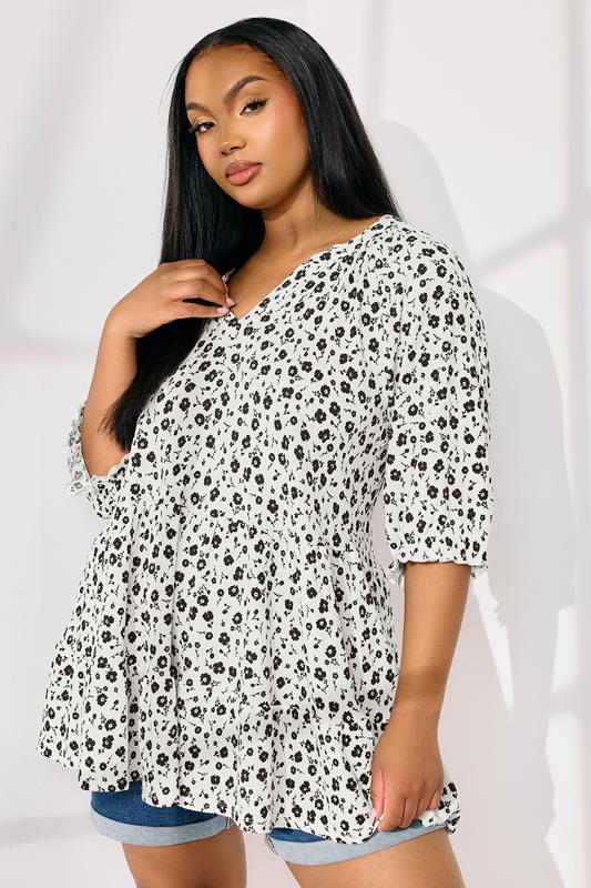 Yours YOURS Curve White Ditsy Floral Tiered Top