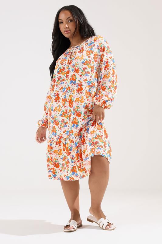 Yours YOURS Curve White Floral Tie Neck Tiered Midi Dress
