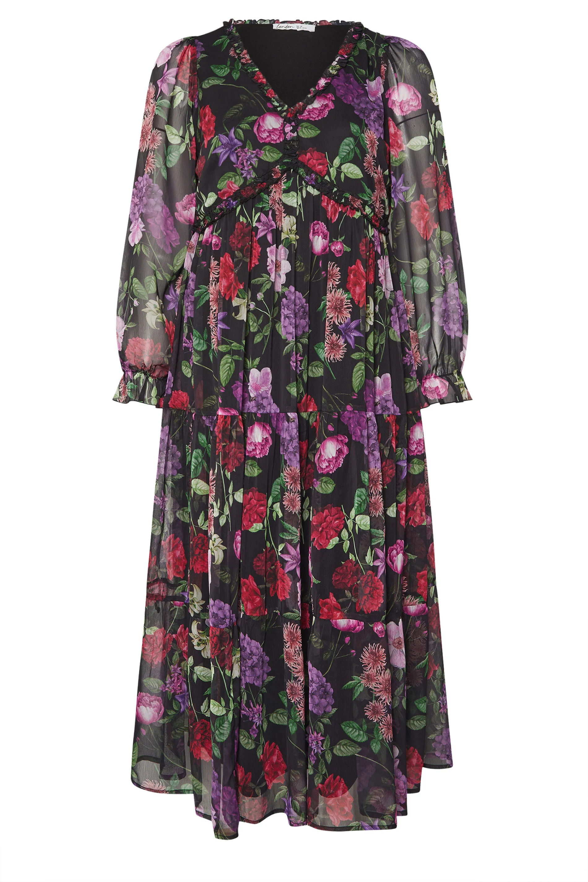 Yours London YOURS LONDON Curve Black Floral Print Tiered Dress