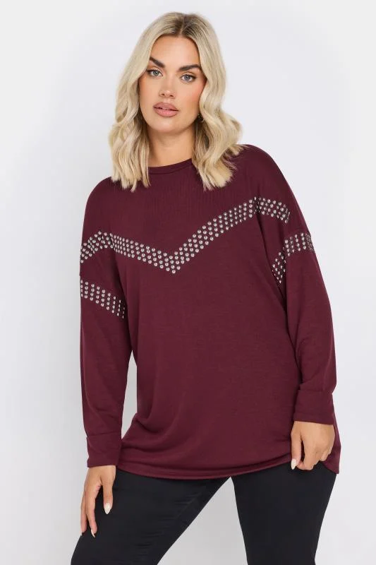 Yours YOURS Curve Burgundy Red Chevron Stud Embellished Jumper