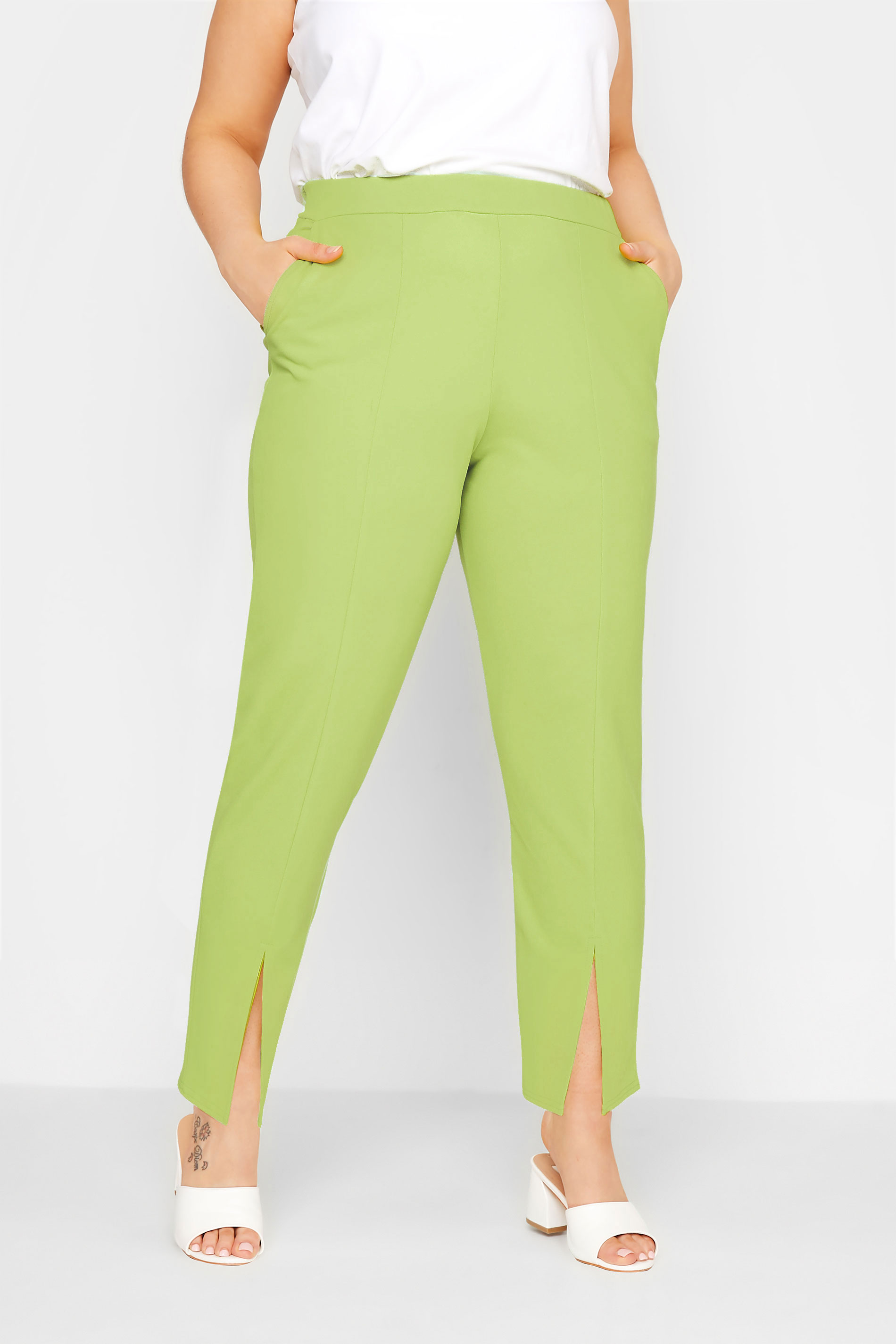 Yours YOURS Curve Lime Green Split Hem Stretch Tapered Trousers