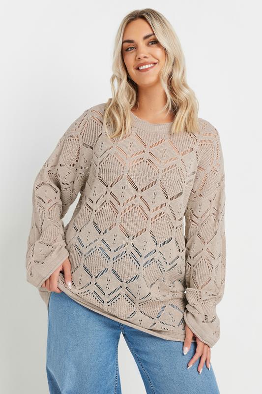 Yours YOURS Curve Natural Brown Crochet Knitted Jumper