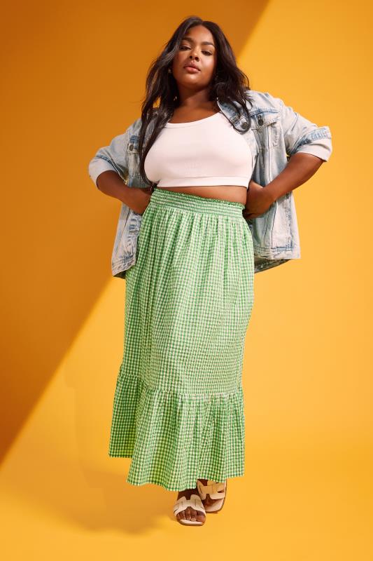 Yours YOURS Curve Green Gingham Tiered Pure Cotton Midi Skirt
