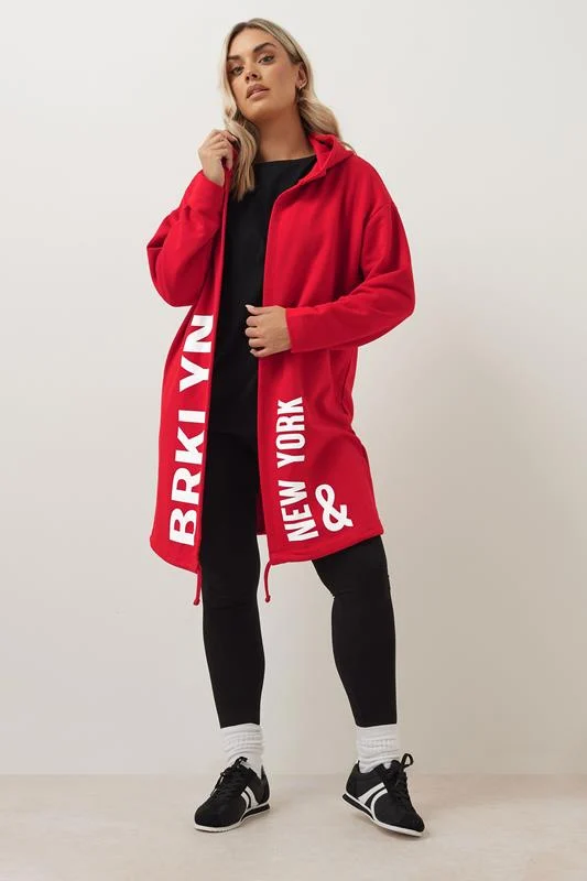 Yours YOURS Curve Red 'BRKLYN' Slogan Longline Hoodie